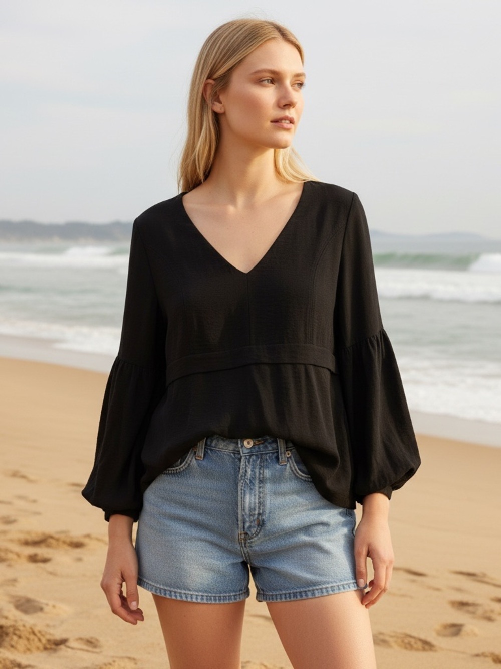 BOSTON PROPER size XL black V-Neck Balloon Sleeve Women's Top